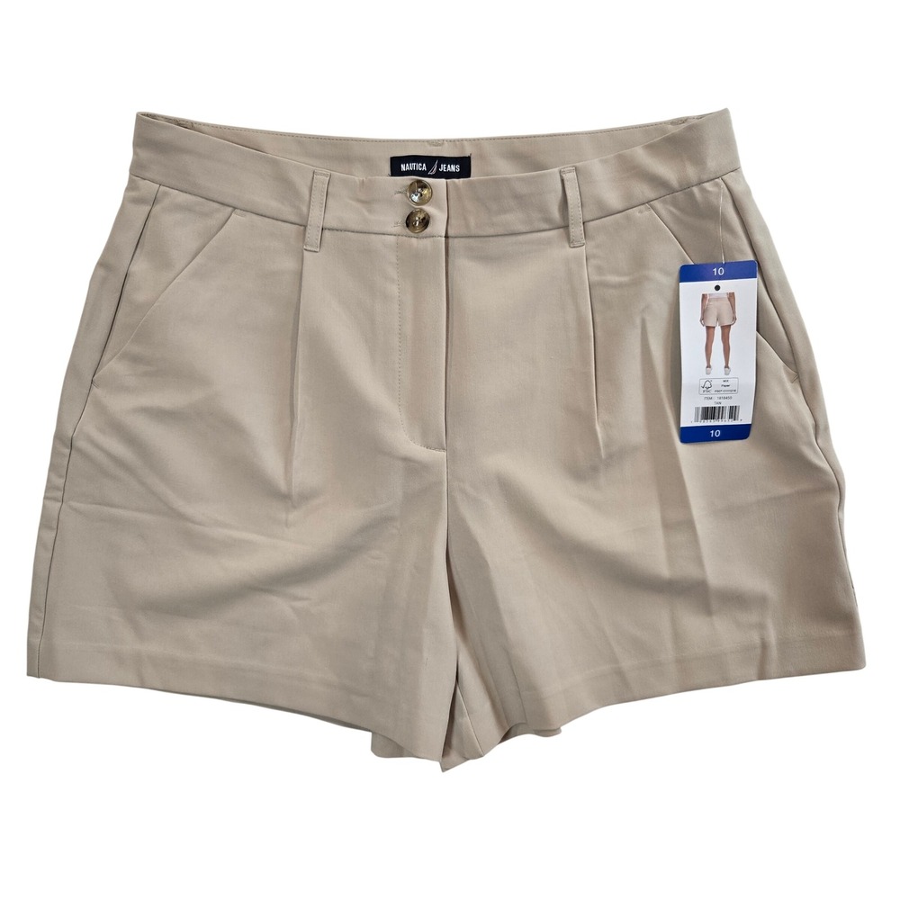 NWT Nautica Jeans Women's Khaki Beige‎ Pleated High Waist Shorts Size 10
